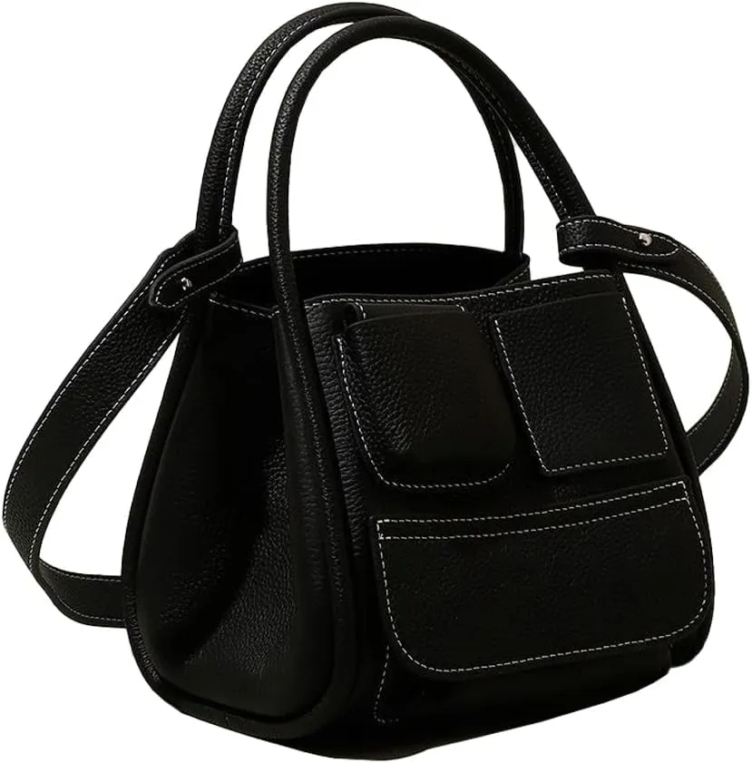 Leather Bucket Bag for Women Soft Lychee Handbag Elegant Multi-pocket Shoulder Bag Crossbody Bag