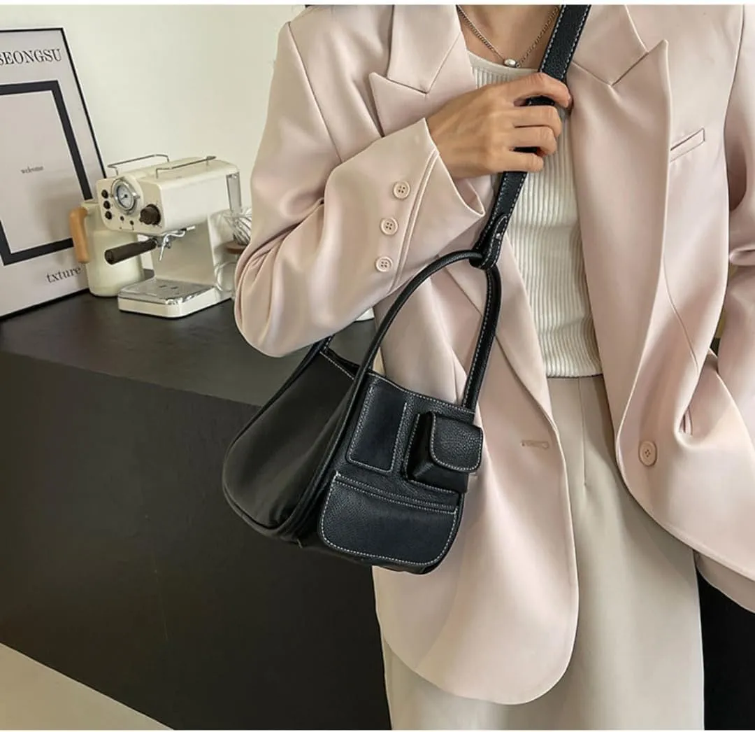 Leather Bucket Bag for Women Soft Lychee Handbag Elegant Multi-pocket Shoulder Bag Crossbody Bag