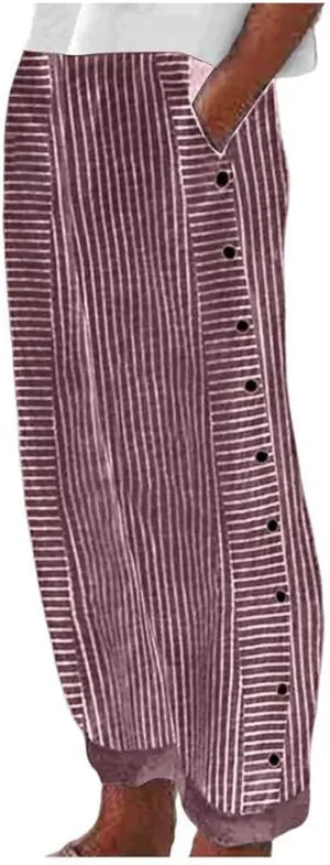 Linen Capri Pants for Women Striped Button Side High Waisted Wide Leg Pants Trendy Casual Beach Pants Summer Trousers
