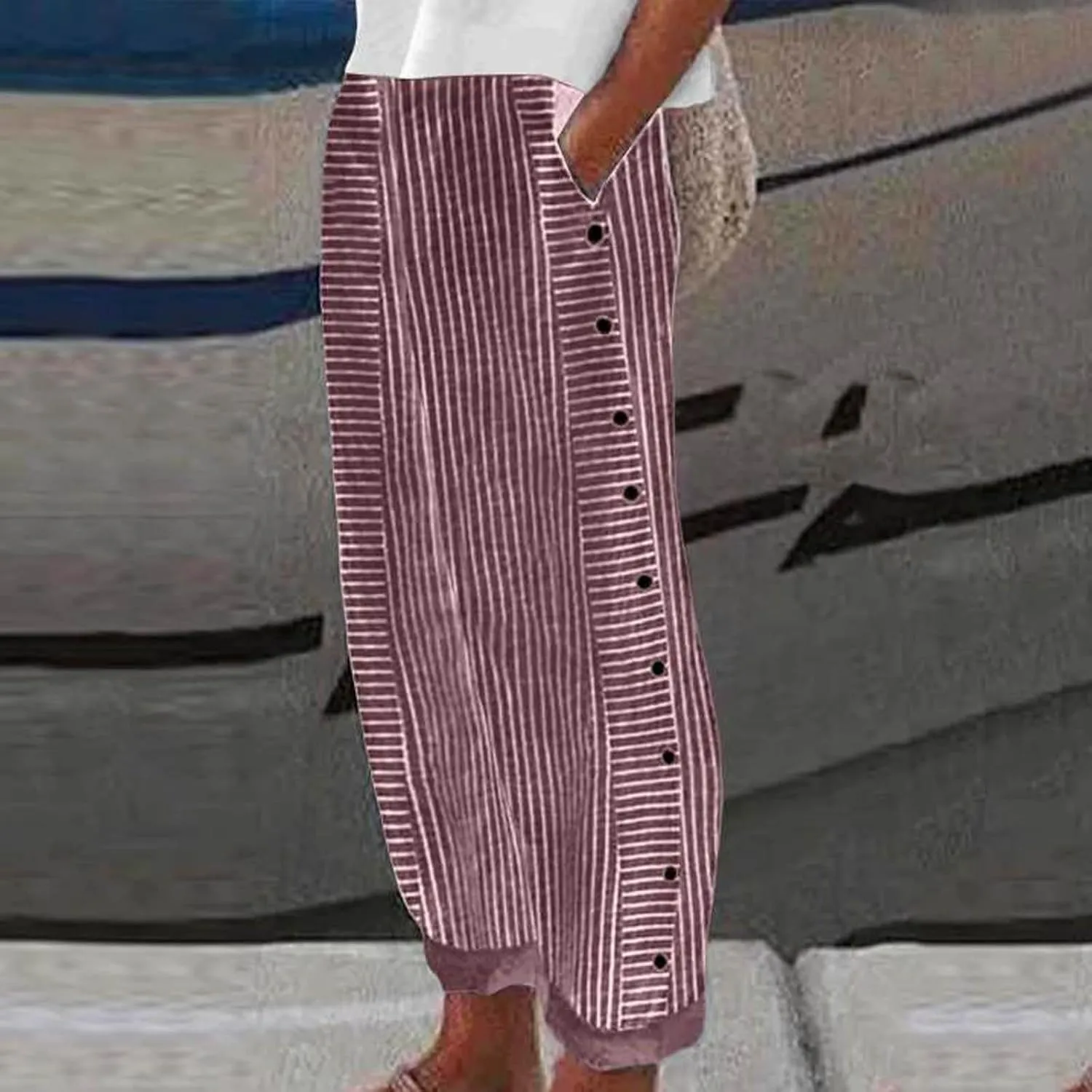 Linen Capri Pants for Women Striped Button Side High Waisted Wide Leg Pants Trendy Casual Beach Pants Summer Trousers