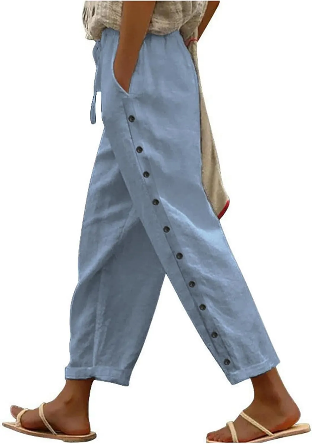 Linen Capris for Women Causal Beach Pants Drawstring Elastic Waist Boyfriend Pants Loose Lightweight Comfy Baggy Summer Pants