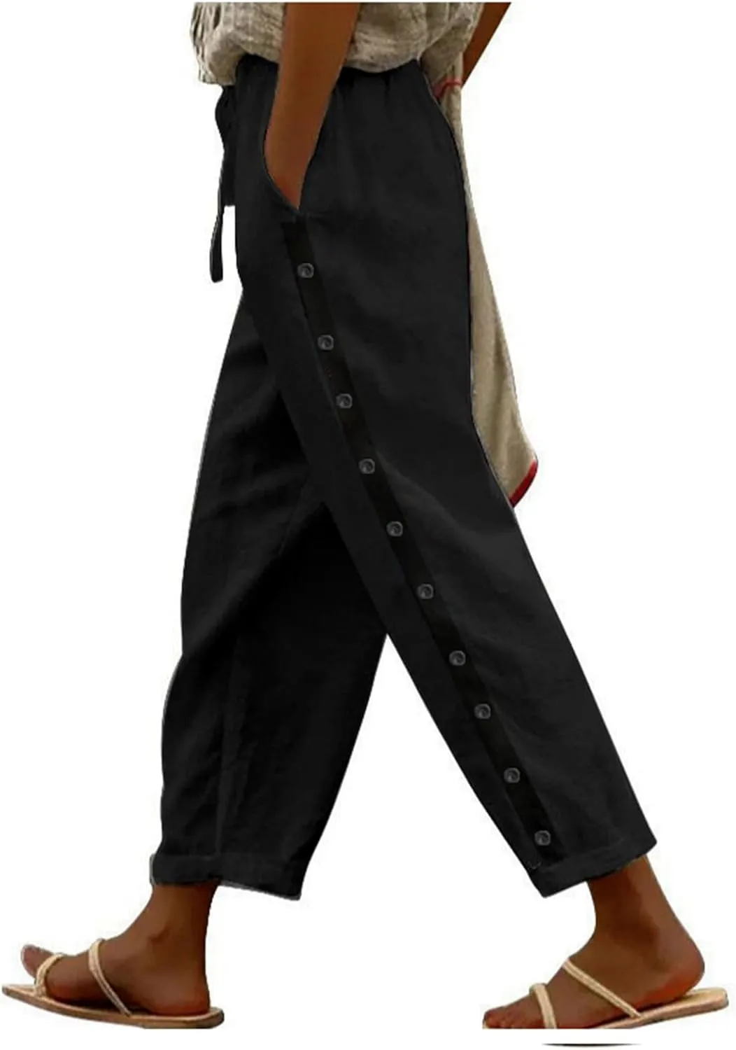 Linen Capris for Women Causal Beach Pants Drawstring Elastic Waist Boyfriend Pants Loose Lightweight Comfy Baggy Summer Pants