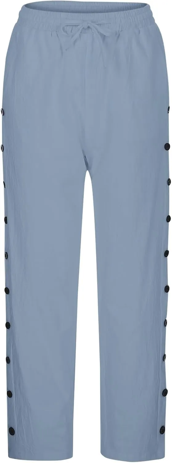 Linen Capris for Women Causal Beach Pants Drawstring Elastic Waist Boyfriend Pants Loose Lightweight Comfy Baggy Summer Pants