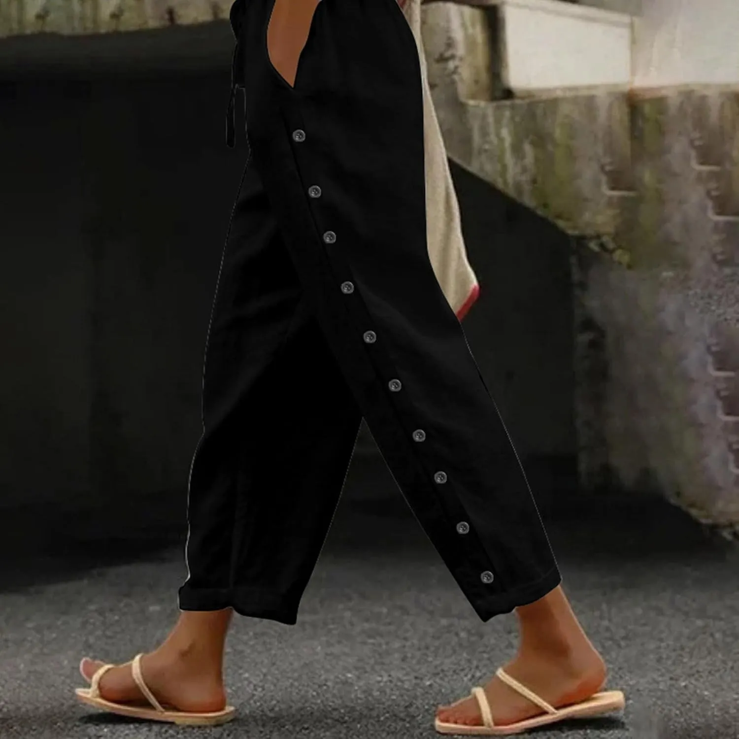 Linen Capris for Women Causal Beach Pants Drawstring Elastic Waist Boyfriend Pants Loose Lightweight Comfy Baggy Summer Pants