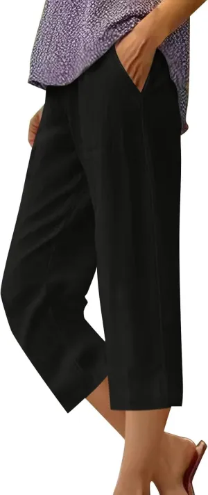 Linen Capris for Women Summer Solid Color Elastic Waisted Capri Pants with Pockets Casual Cropped Lounge Trousers