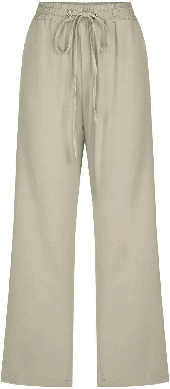 Linen Capris Pants for Women Summer Casual Drawstring Loose Elastic High Waist Cropped Straight Trousers with Pockets