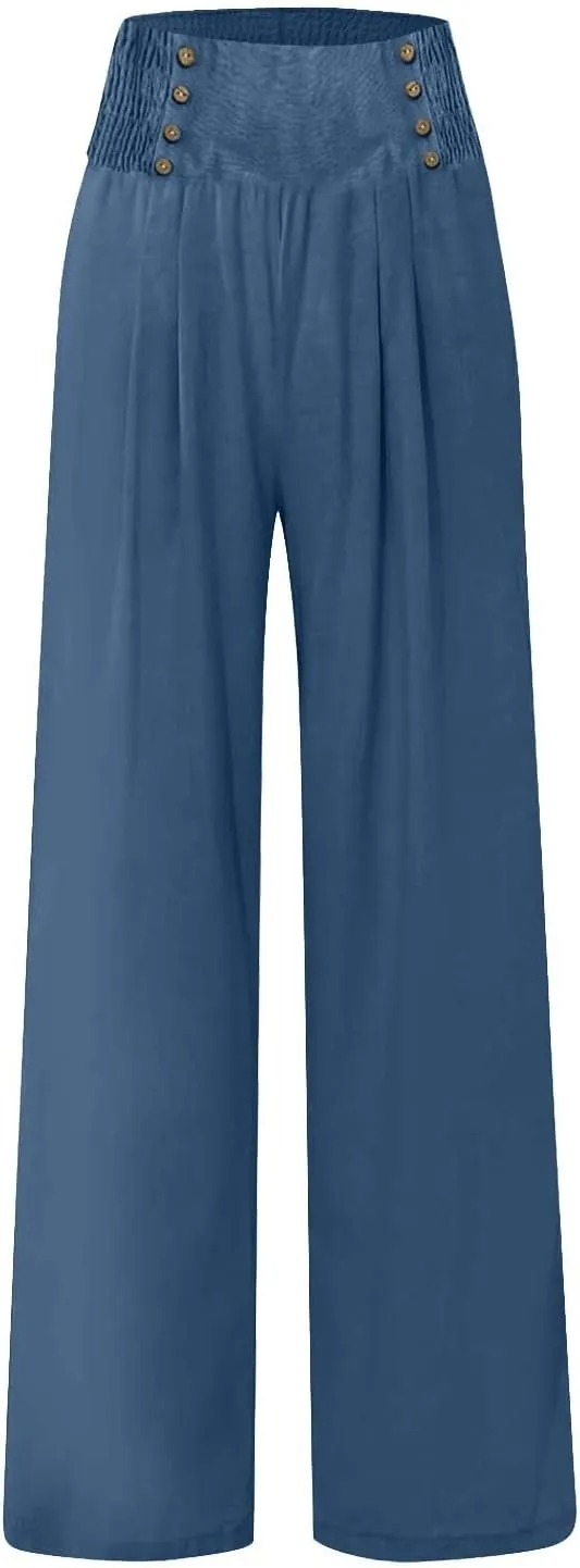 Linen Palazzo Pants for Women Dressy High Waisted Wide Leg Trousers Pants Flowy Summer Business Casual Slacks Outfits