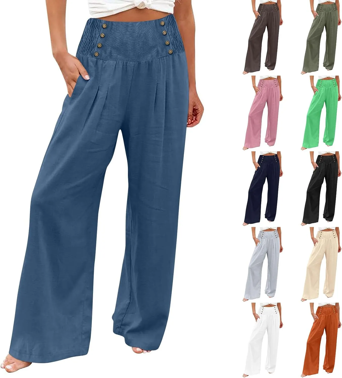 Linen Palazzo Pants for Women Dressy High Waisted Wide Leg Trousers Pants Flowy Summer Business Casual Slacks Outfits