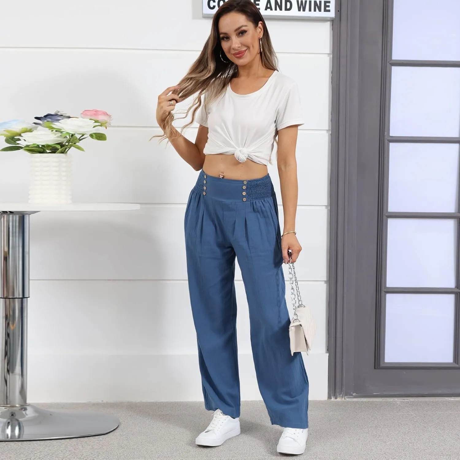 Linen Palazzo Pants for Women Dressy High Waisted Wide Leg Trousers Pants Flowy Summer Business Casual Slacks Outfits