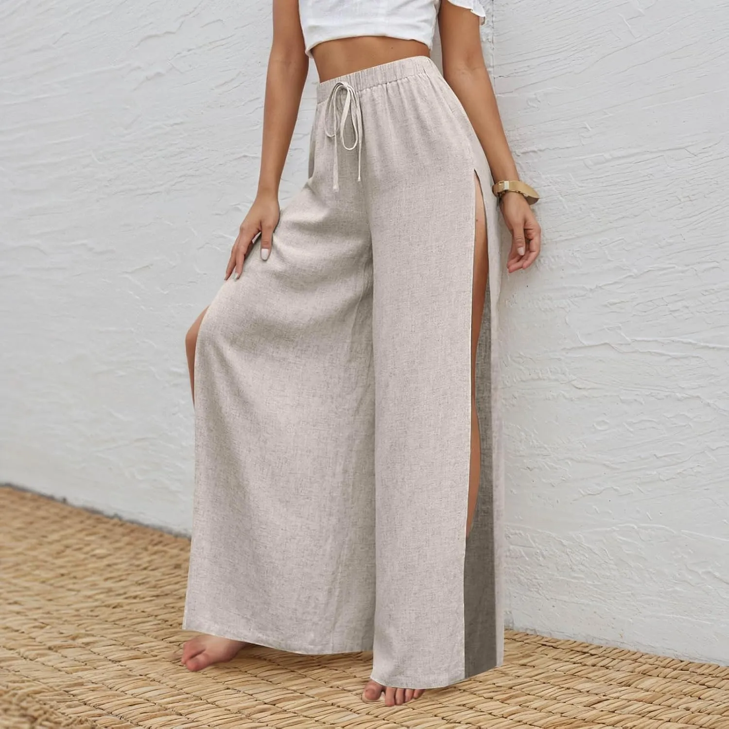 Linen Pants for Women Beach Wide Leg Side Split Ankle Palazzo Pants Drawstring Elastic Waist Summer Flowy Trousers