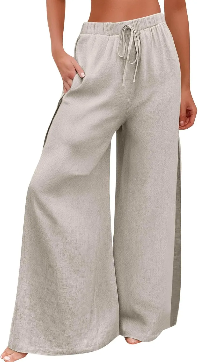 Linen Pants for Women Beach Wide Leg Side Split Ankle Palazzo Pants Drawstring Elastic Waist Summer Flowy Trousers
