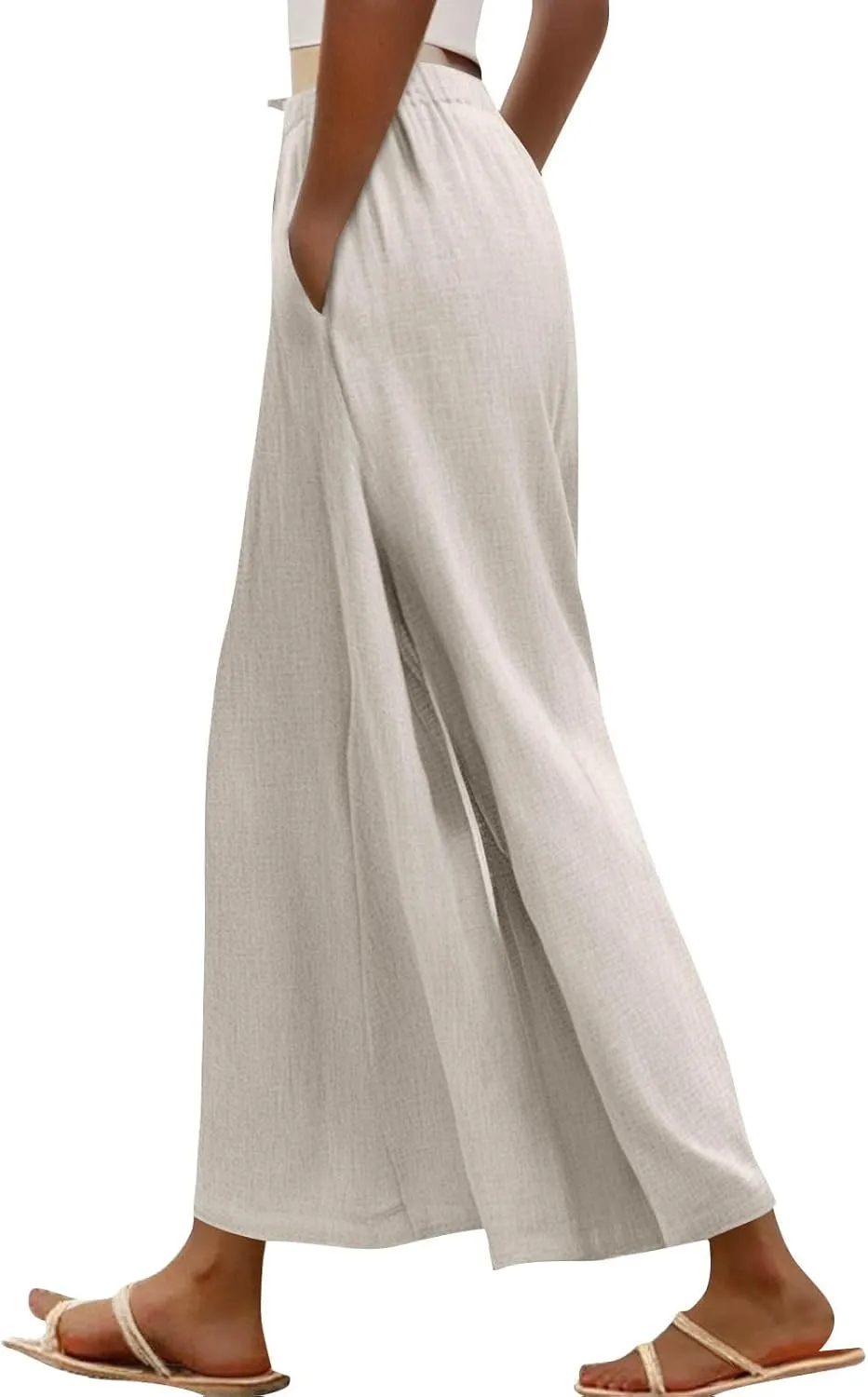 Linen Pants for Women Beach Wide Leg Side Split Ankle Palazzo Pants Drawstring Elastic Waist Summer Flowy Trousers