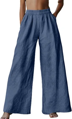 Linen Pants for Women Loose Wide Leg Elastic High Waisted Palazzo Pants Summer Casual Flowy Lounge Trousers Pockets