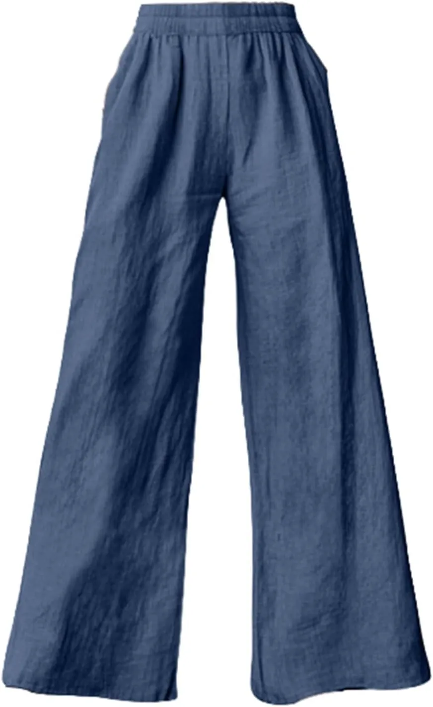 Linen Pants for Women Loose Wide Leg Elastic High Waisted Palazzo Pants Summer Casual Flowy Lounge Trousers Pockets
