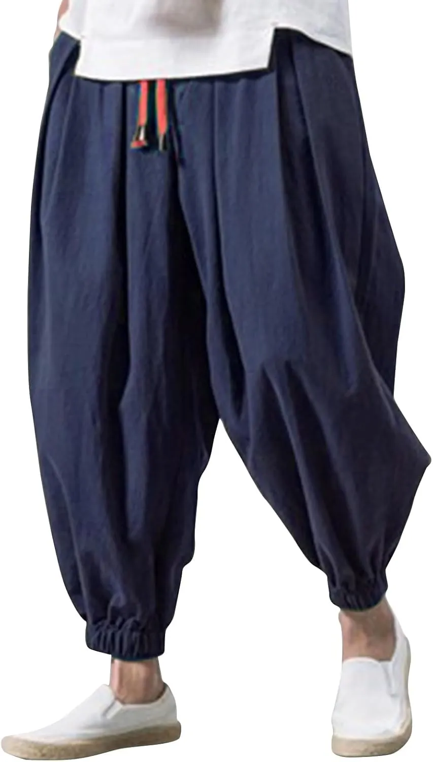 Linen Pants Men Drawstring Waist Elastic Bottom Lounge Pants 2025 Summer Loose Fit Boho Harem Pants Hippie Clothes