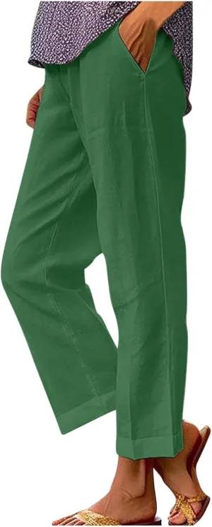 Linen Pants Women 2024 Summer High Waisted Cropped Lounge Pants Comty Causal Solid Trousers with Pockets