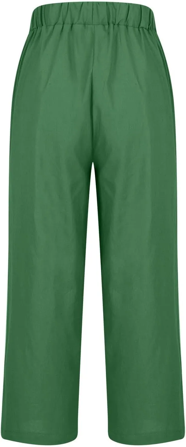 Linen Pants Women 2024 Summer High Waisted Cropped Lounge Pants Comty Causal Solid Trousers with Pockets