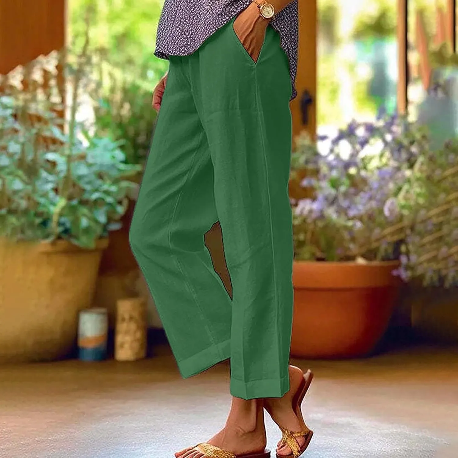 Linen Pants Women 2024 Summer High Waisted Cropped Lounge Pants Comty Causal Solid Trousers with Pockets