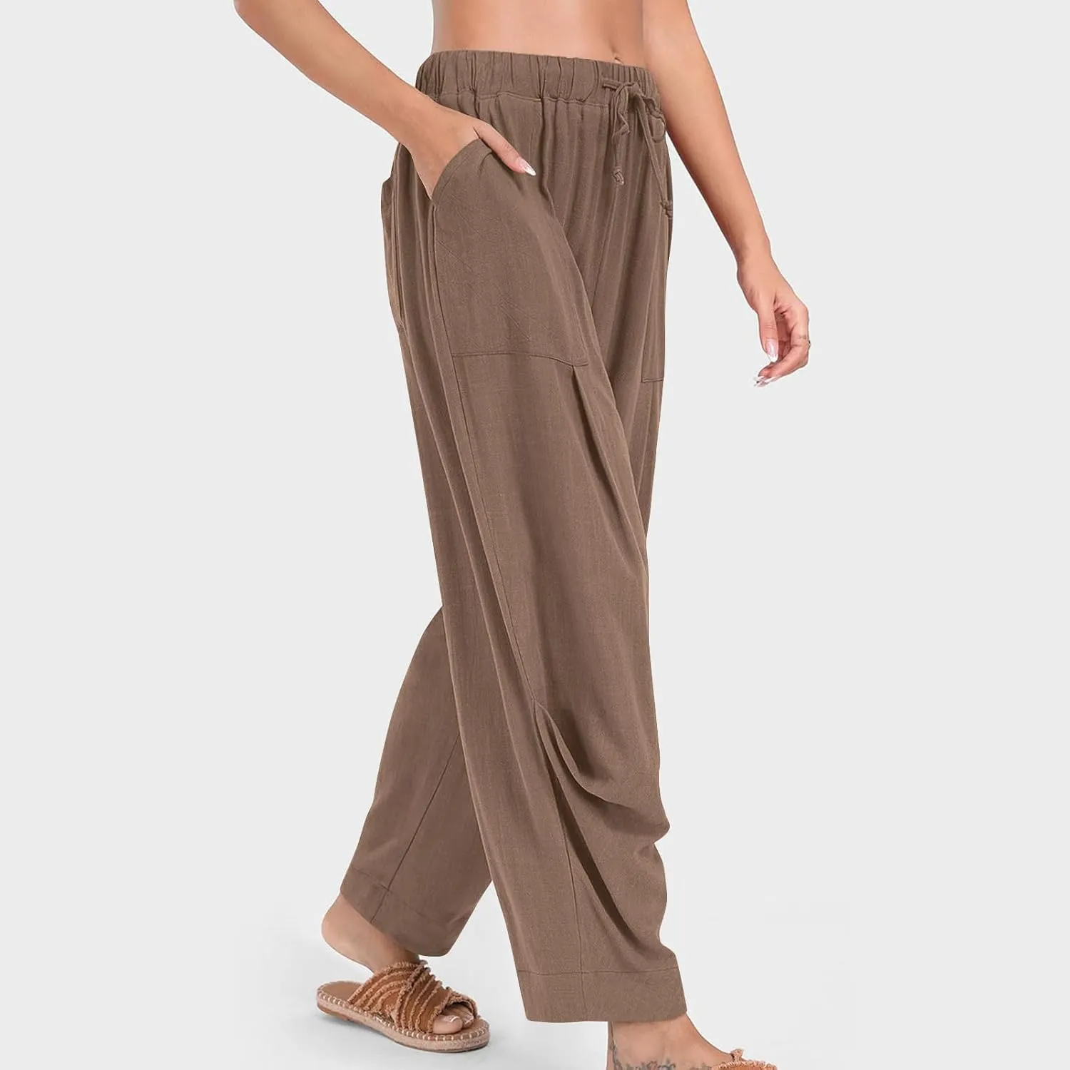 Linen Pants Women 2025 Elastic Waist Casual Loose Fit Trousers Comfy Lightweight Wide Leg Palazzo Pant Summer Outfits