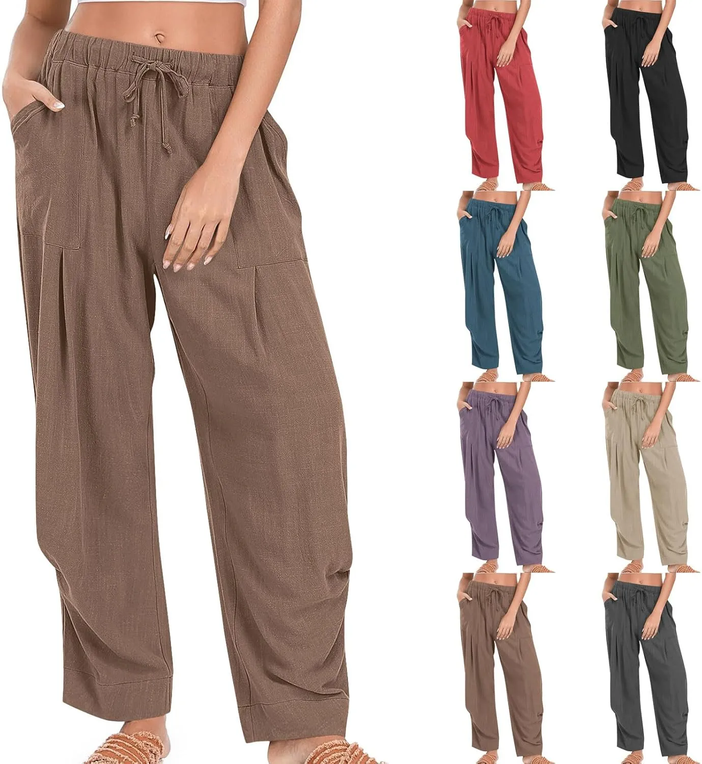 Linen Pants Women 2025 Elastic Waist Casual Loose Fit Trousers Comfy Lightweight Wide Leg Palazzo Pant Summer Outfits
