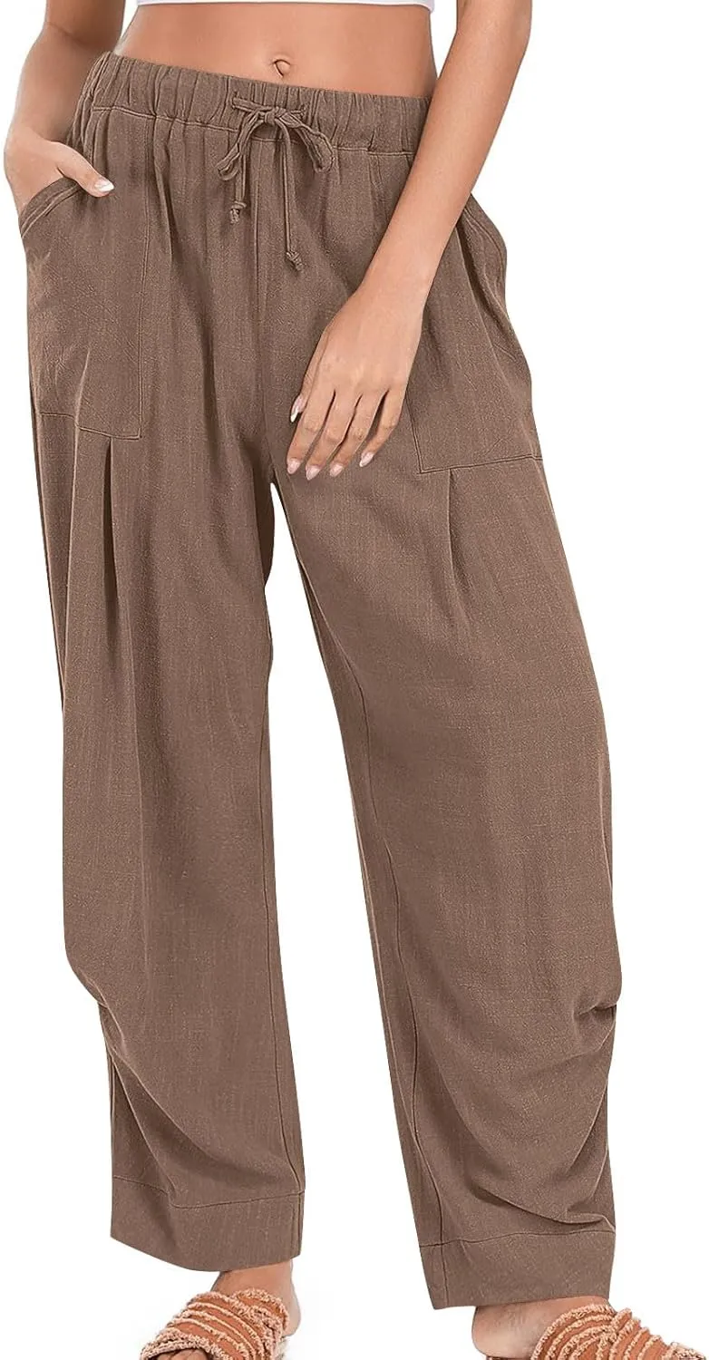 Linen Pants Women 2025 Elastic Waist Casual Loose Fit Trousers Comfy Lightweight Wide Leg Palazzo Pant Summer Outfits