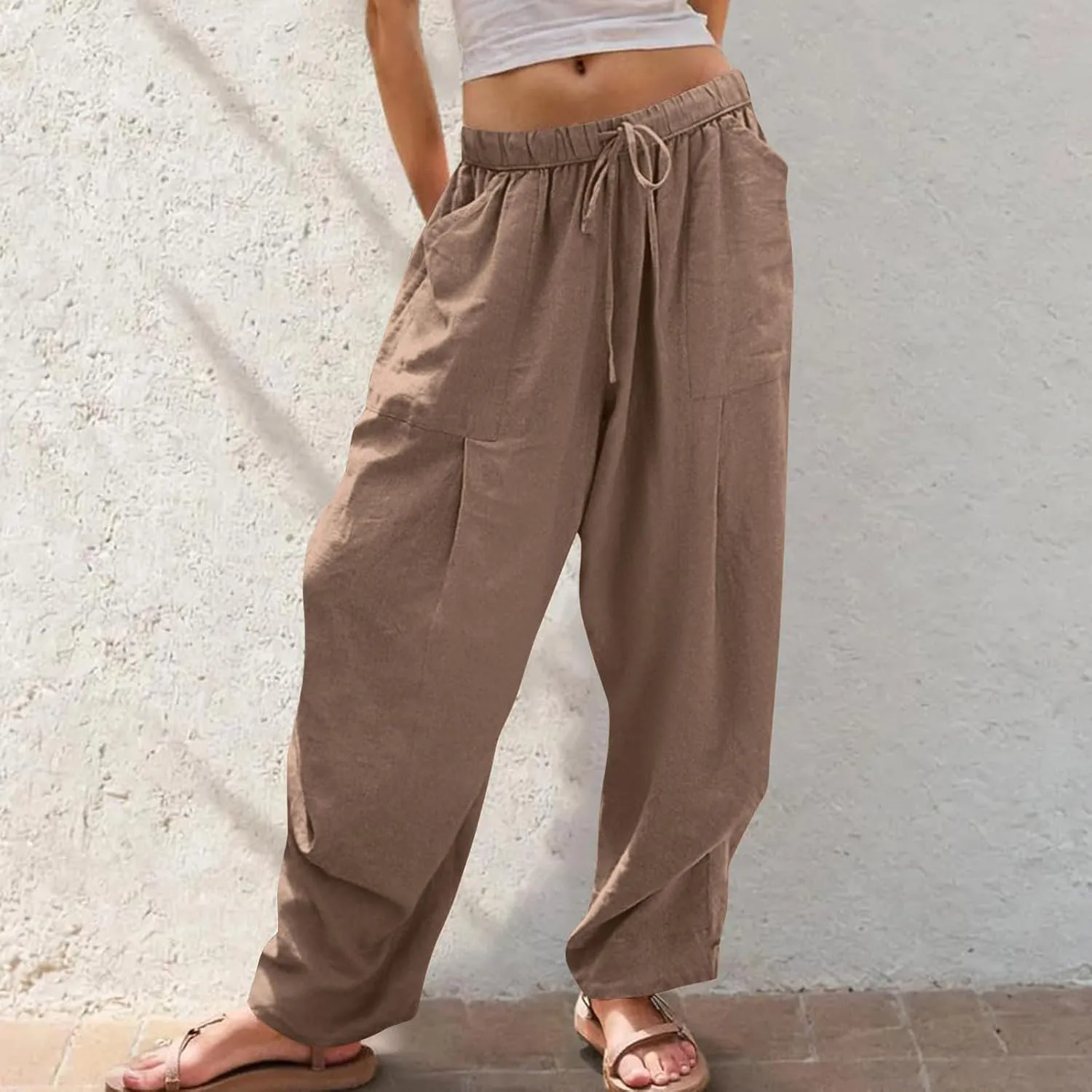 Linen Pants Women 2025 Elastic Waist Casual Loose Fit Trousers Comfy Lightweight Wide Leg Palazzo Pant Summer Outfits