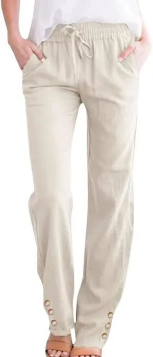 Linen Pants Women Elastic Waist Straight Leg Drawstring Lounge Capri Pants Casual Summer Work Pants Trousers 2025
