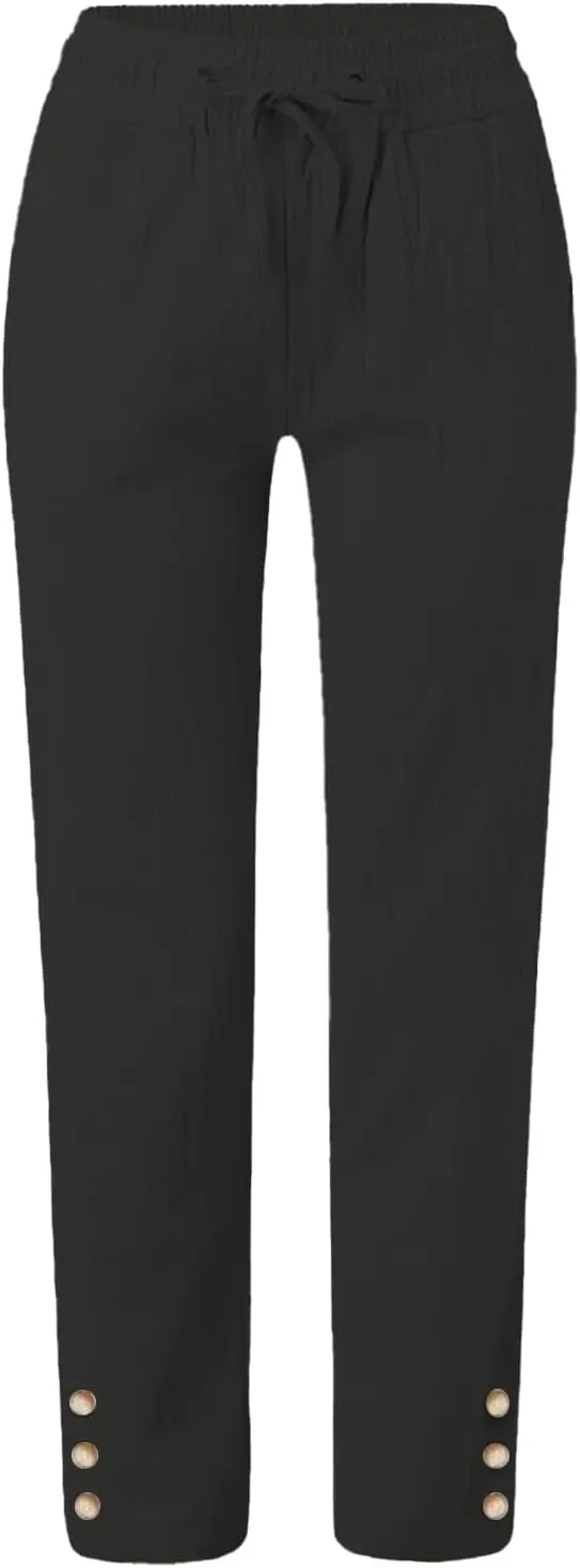 Linen Pants Women Elastic Waist Straight Leg Drawstring Lounge Capri Pants Casual Summer Work Pants Trousers 2025