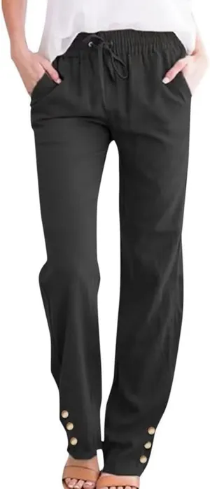 Linen Pants Women Elastic Waist Straight Leg Drawstring Lounge Capri Pants Casual Summer Work Pants Trousers 2025
