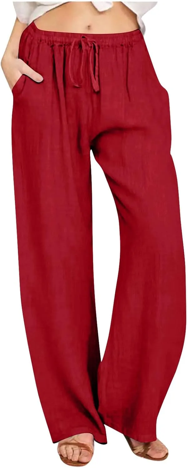 Linen Pants Women Summer 2024 Wide Leg Casual Loose Pant Drawstring High Waist Palazzo Pants Trousers with Pockets
