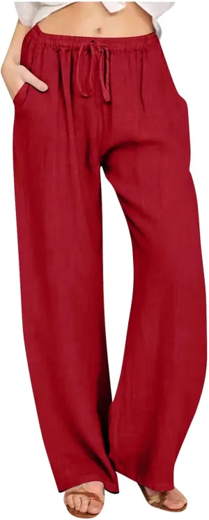 Linen Pants Women Summer 2024 Wide Leg Casual Loose Pant Drawstring High Waist Palazzo Pants Trousers with Pockets