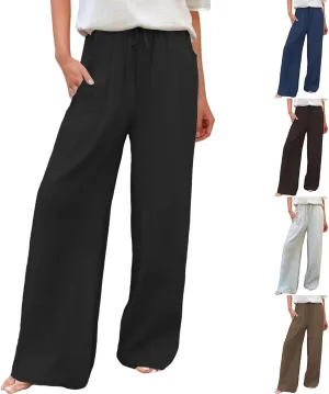 Linen Pants Women Summer Drawstring Waist Wide Leg Pant Loose Cotton Relax Palazzo Trousers Casual Beach Long Clothes