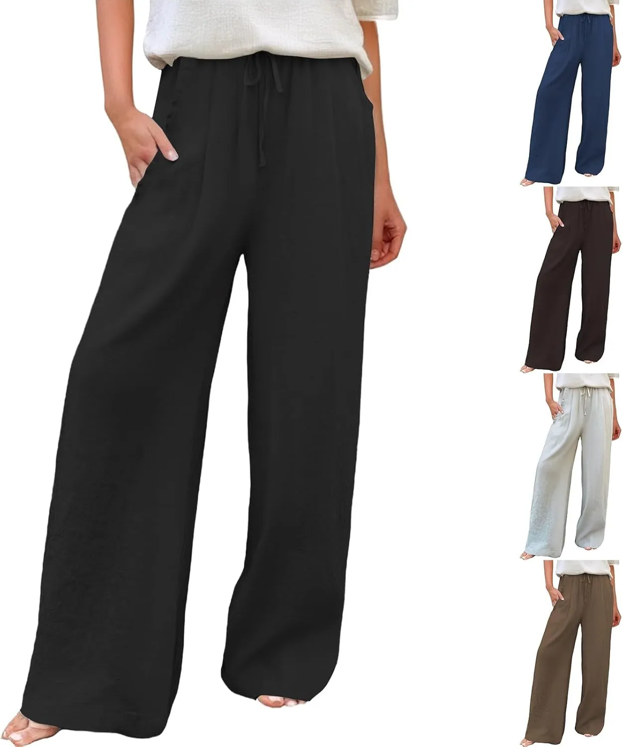 Linen Pants Women Summer Drawstring Waist Wide Leg Pant Loose Cotton Relax Palazzo Trousers Casual Beach Long Clothes
