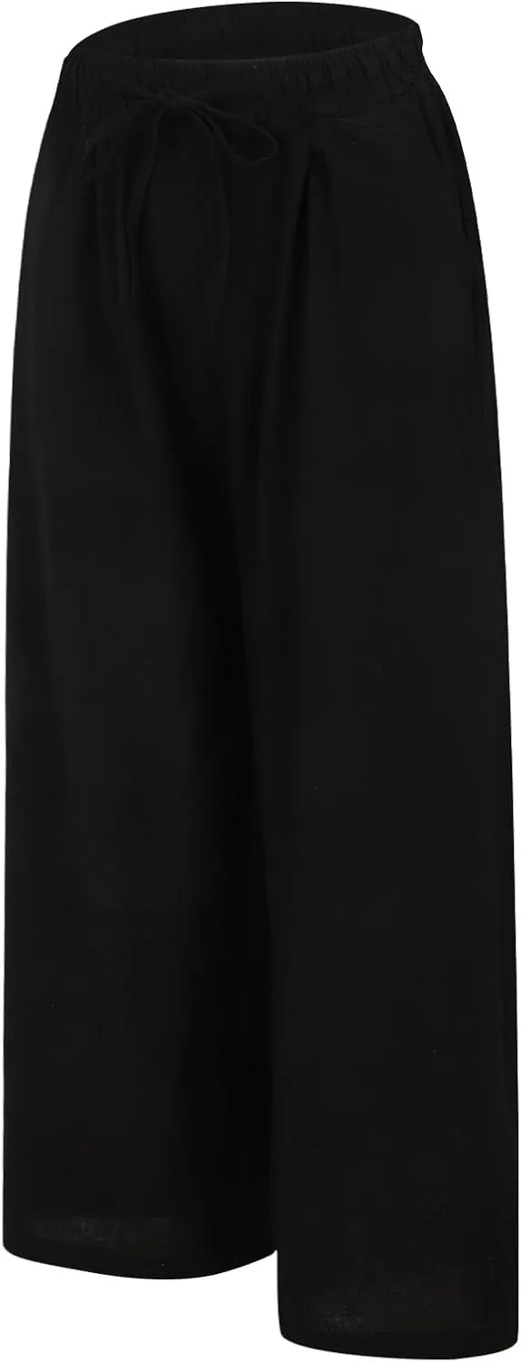 Linen Pants Women Summer Drawstring Waist Wide Leg Pant Loose Cotton Relax Palazzo Trousers Casual Beach Long Clothes