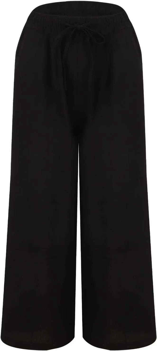 Linen Pants Women Summer Drawstring Waist Wide Leg Pant Loose Cotton Relax Palazzo Trousers Casual Beach Long Clothes