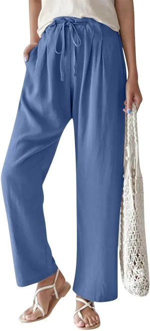 Linen Pants Women Summer Ruffle High Waisted Plus Size Wide Leg Pants Baggy Lounge Trousers with Pockets S-5Xl