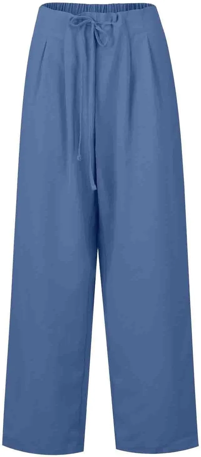 Linen Pants Women Summer Ruffle High Waisted Plus Size Wide Leg Pants Baggy Lounge Trousers with Pockets S-5Xl