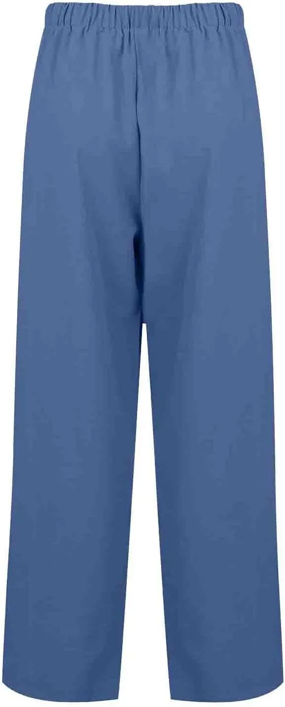 Linen Pants Women Summer Ruffle High Waisted Plus Size Wide Leg Pants Baggy Lounge Trousers with Pockets S-5Xl