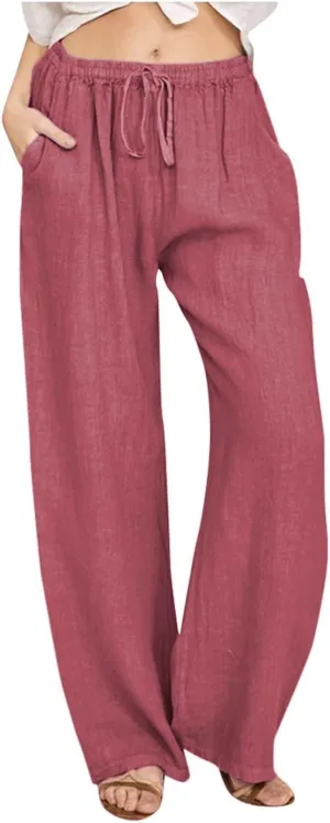 Linen Pants Women Summer Wide Leg Beach Pants Casual Drawstring High Waisted Work Pants with Pockets Flowy Palazzo Trousers