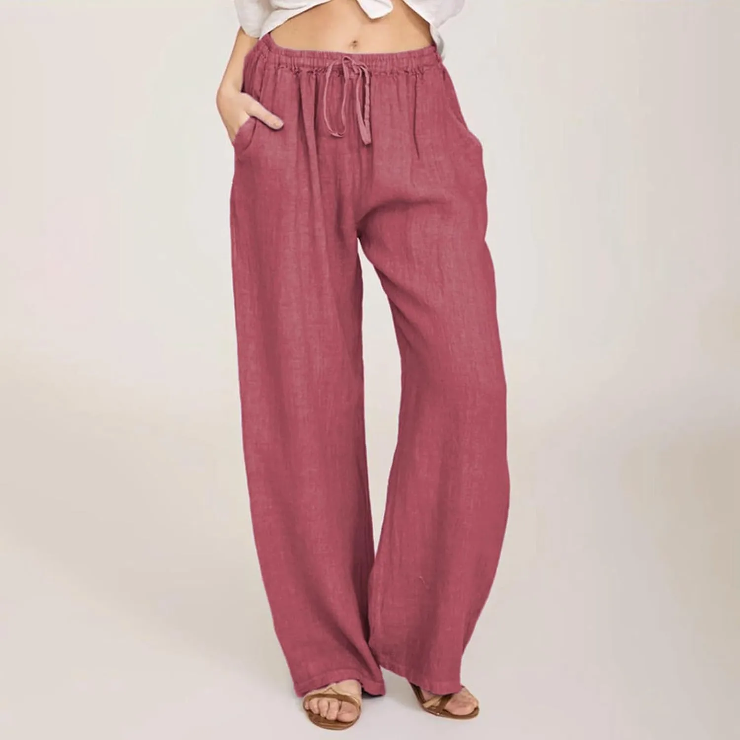 Linen Pants Women Summer Wide Leg Beach Pants Casual Drawstring High Waisted Work Pants with Pockets Flowy Palazzo Trousers