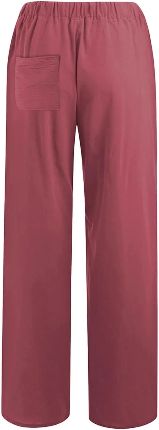 Linen Pants Women Summer Wide Leg Beach Pants Casual Drawstring High Waisted Work Pants with Pockets Flowy Palazzo Trousers