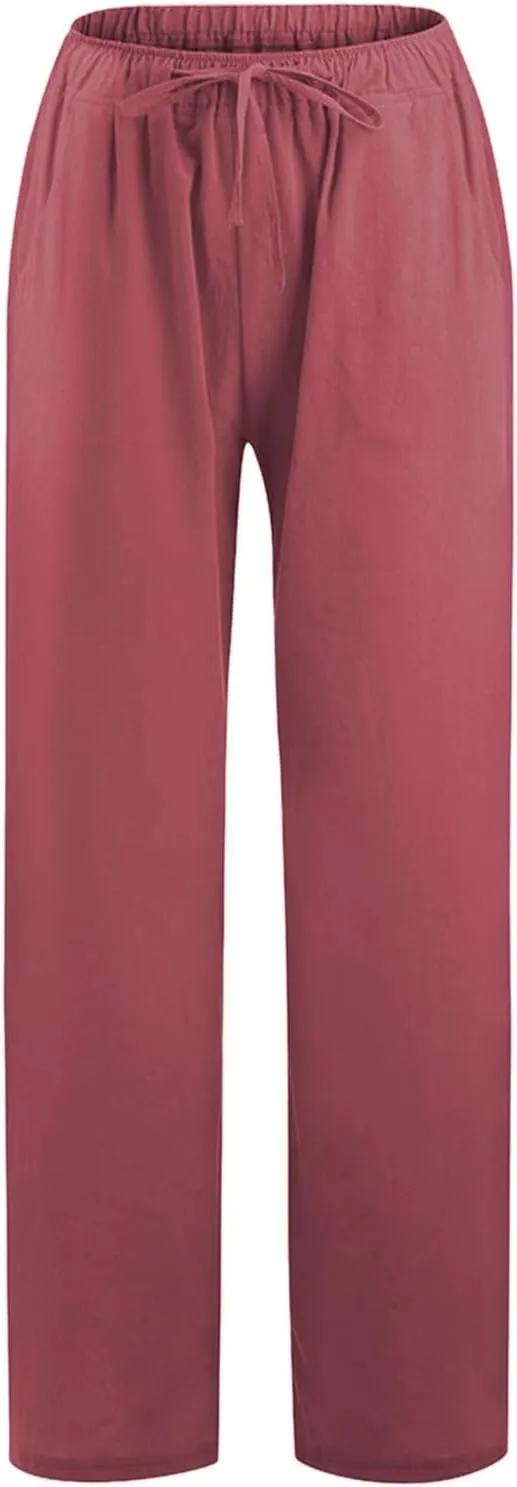 Linen Pants Women Summer Wide Leg Beach Pants Casual Drawstring High Waisted Work Pants with Pockets Flowy Palazzo Trousers