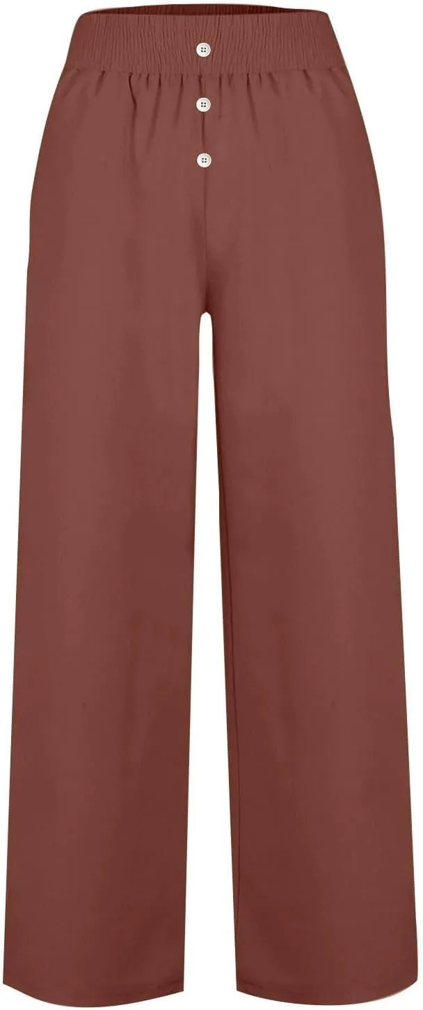 Linen Pants Women, Yoga Beach Wide Leg Palazzo Pants Tall High Waisted Pull On Stretch Waist Lounge Trousers Slacks