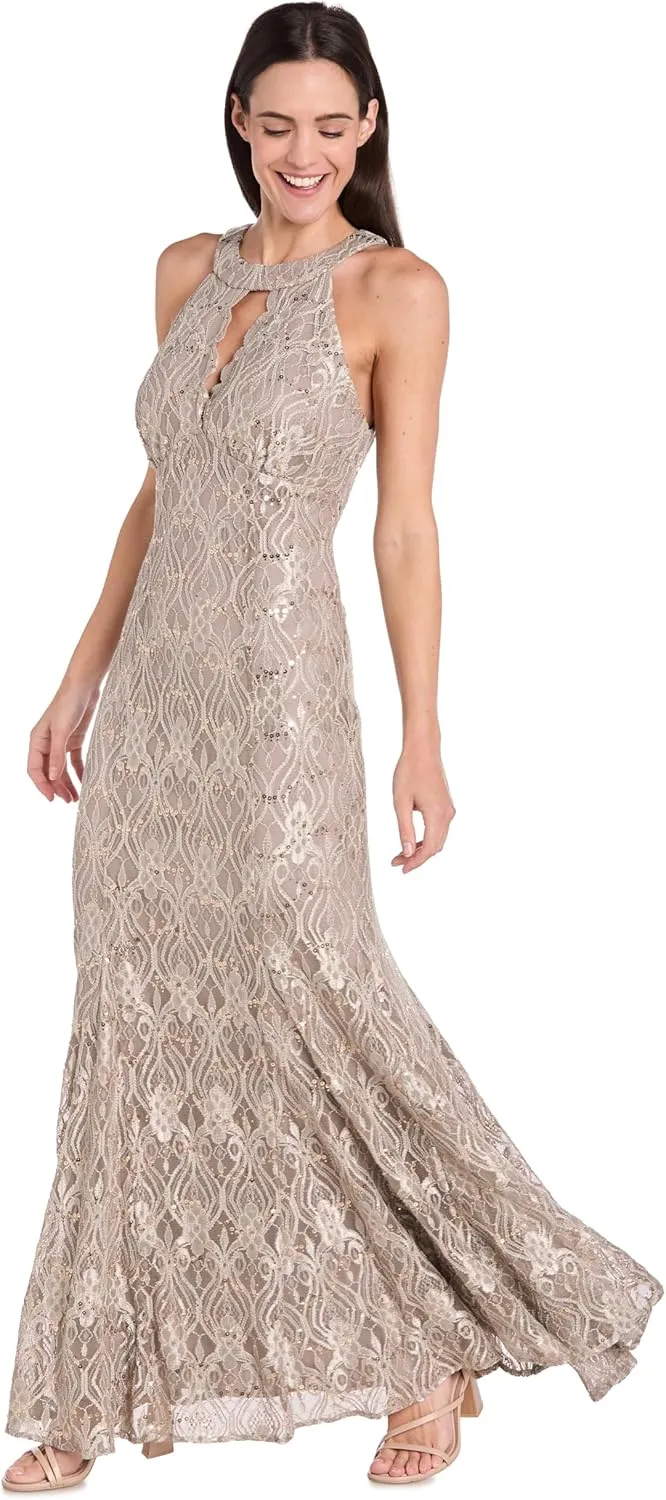 Long Glitter Braid Lace Halter Gown W/Scalloped Bodice & Keyhole Detail