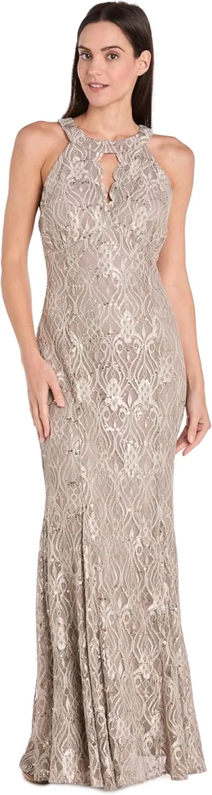 Long Glitter Braid Lace Halter Gown W/Scalloped Bodice & Keyhole Detail