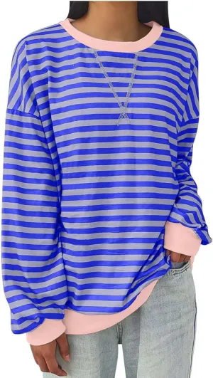 Long Sleeve Sweatshirt for Women Stripe Color Block Sweatshirt Casual Oversized Sweatshirt Crew Neck Pullover