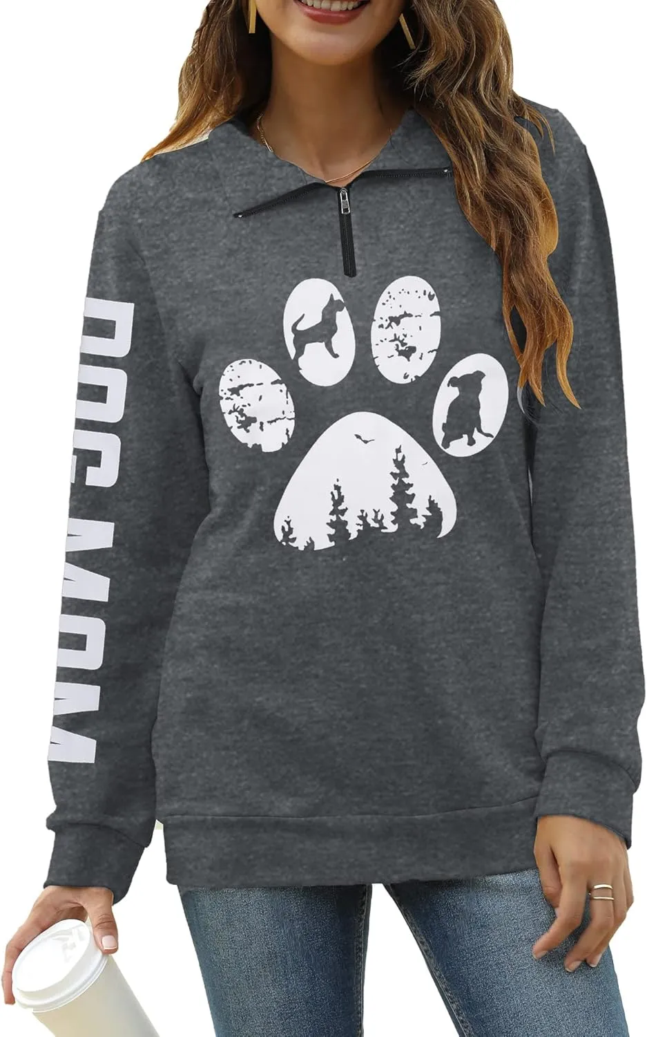 LOTUCY Dog Mom Sweatshirts Women Funny Dog Paw Graphic Shirts Mom Life Casual Long Sleeve Pullover Tops