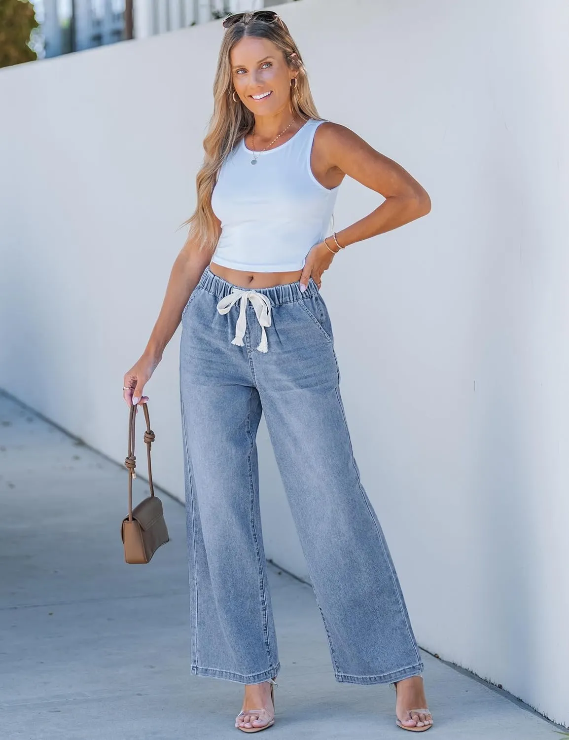 luvamia Wide Leg Jeans Woman High Waisted Trendy Pull On Elastic Waist Drawstring Stretchy Denim Jean Pants with Pockets