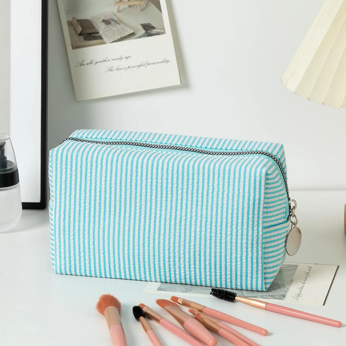 Makeup Bag Cosmetic Bag Travel Toiletry Bag Aesthetic Canvas Organizer Bag Zipper Pouch for Women (M-blue)