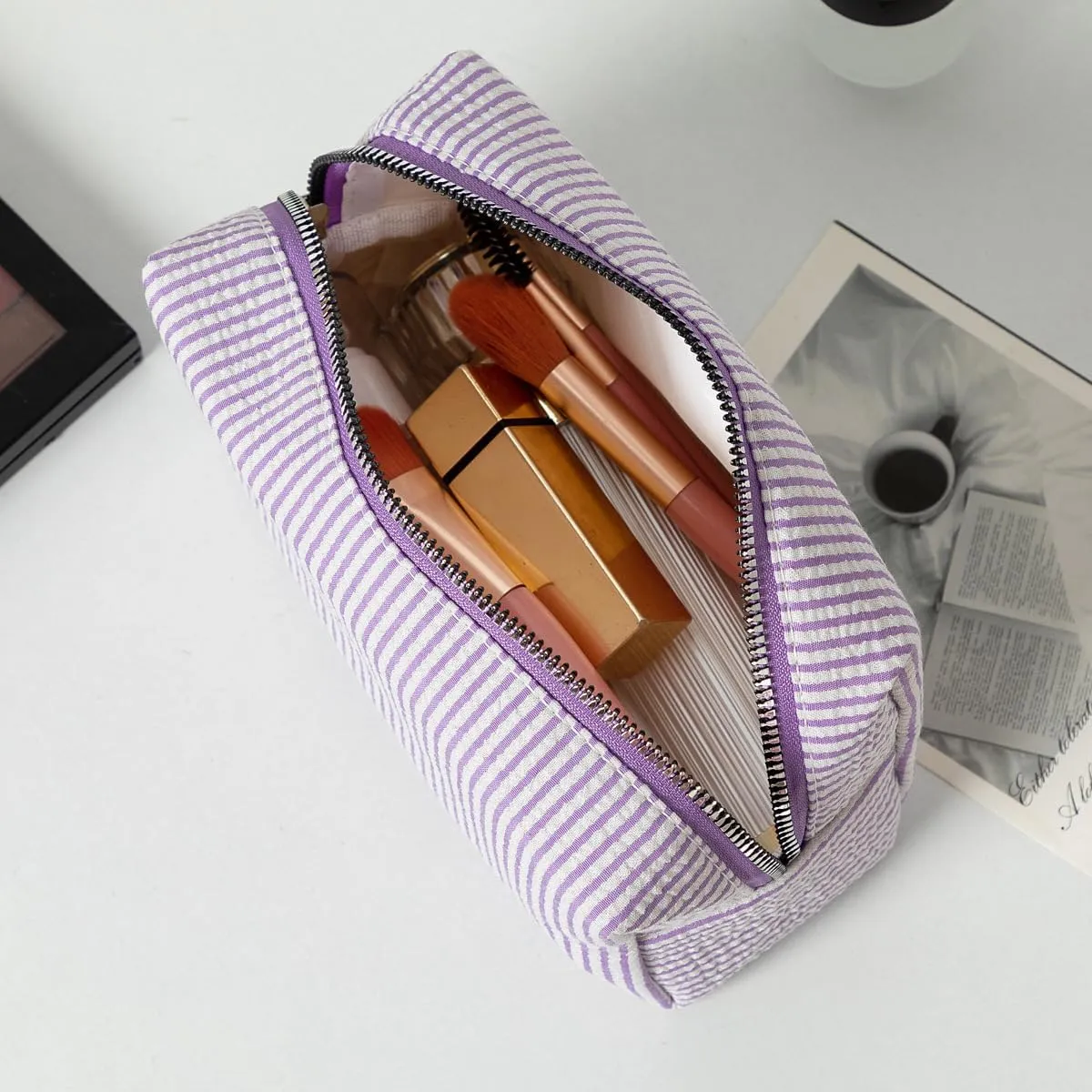 Makeup Bag Cosmetic Bag Travel Toiletry Bag Aesthetic Canvas Organizer Bag Zipper Pouch for Women (M-blue)